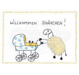 Plüsch Postkarte Schaf Geburt – “Willkommen Schäfchen“ 