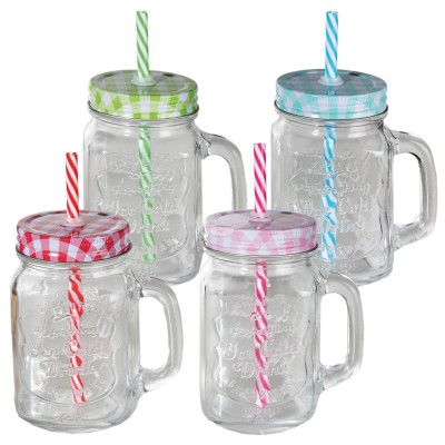 Trinkglas Einmachglas mit Schraubverschluss und Trinkhalm – versch. Farben